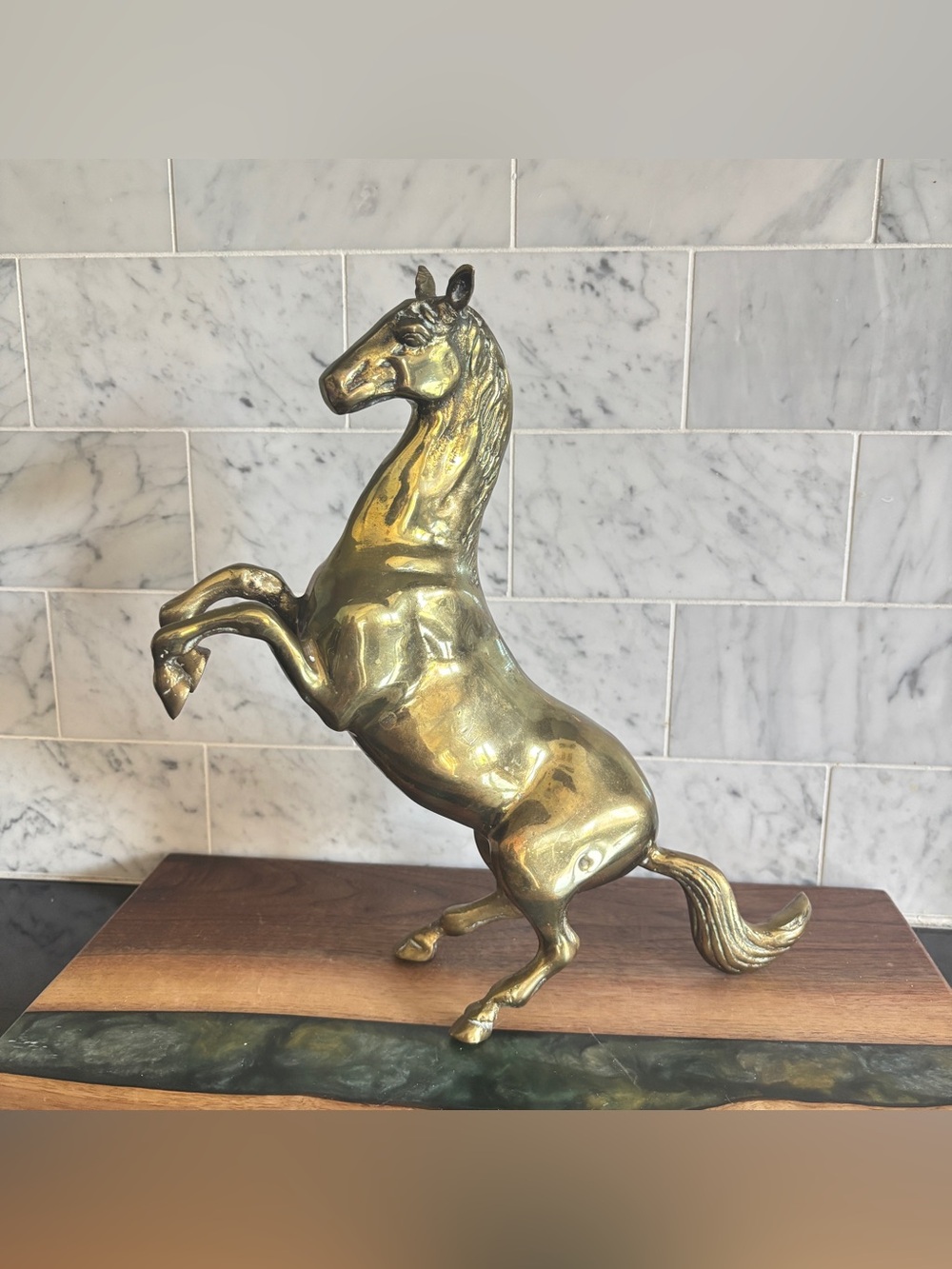Vintage 10.75” Mid Century Brass Horse Rearing Figurine Sculpture